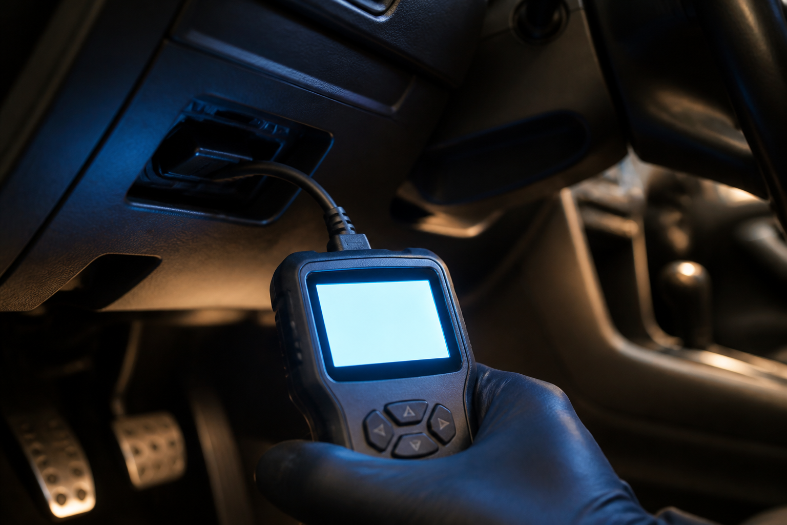 Automotive diagnostic scan tool connected to a vehicle's OBD port in a service bay