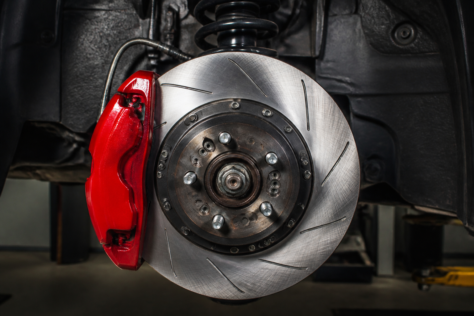 New brake rotor and caliper installed on a vehicle at a Kansas City repair shop
