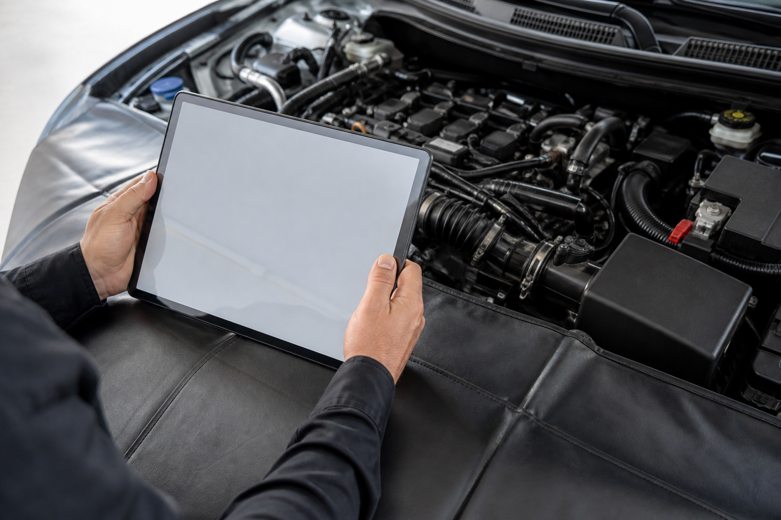 Service advisor reviewing a photo-based digital vehicle inspection report on a tablet in a workshop