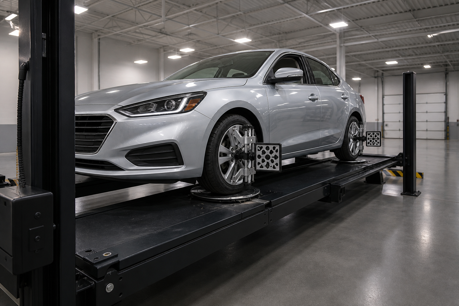 Vehicle on an alignment rack with wheel sensor clamps fitted in a modern service bay